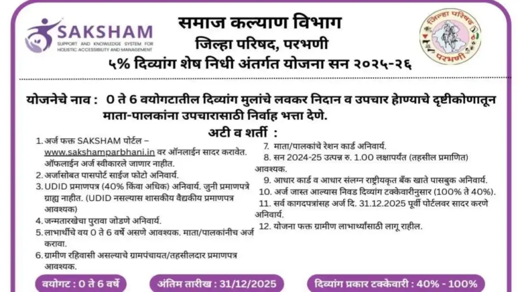 सक्षम (SAKSHAM) अंतर्गत ५% दिव्यांग शेष निधी योजना; असा करा योजनेसाठी अर्ज