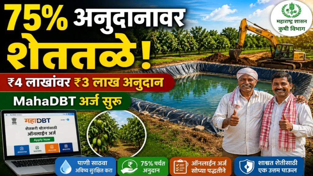 सामूहिक शेततळे योजना 2026 साठी अर्ज सुरू! शेतकऱ्यांना 75% अनुदान; ₹4 लाखांच्या प्रकल्पावर ₹3 लाख मिळणार