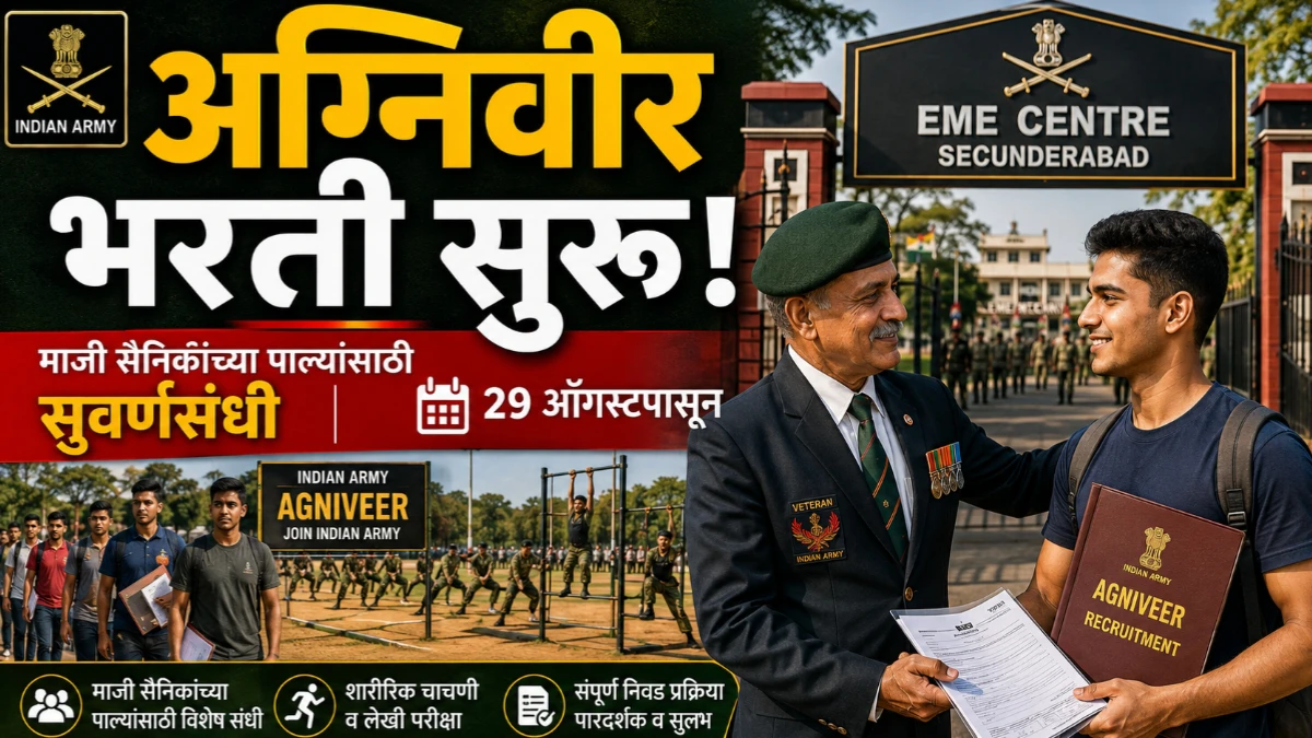 सिकंदराबाद येथे माजी सैनिकांच्या पाल्यांसाठी अग्निवीर भरती 2026 मेळावा; 29 ऑगस्टपासून विशेष भरती