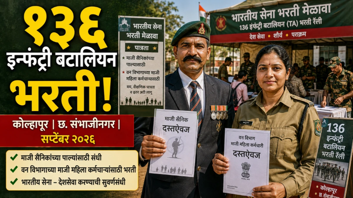 १३६ इन्फंट्री बटालियन भरती मेळावा; कोल्हापूर आणि छत्रपती संभाजीनगर येथे संधी