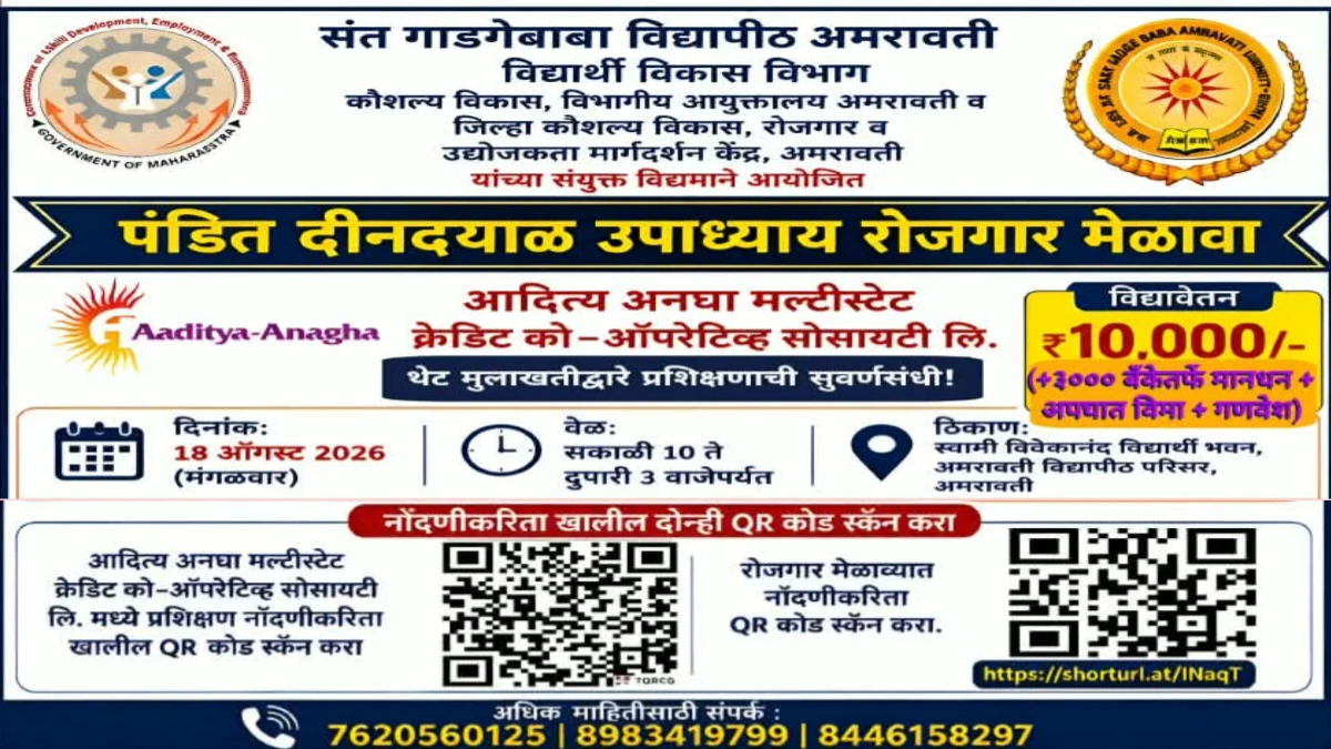 अमरावतीत पंडित दीनदयाळ उपाध्याय रोजगार मेळावा; ५० पदांची भरती, ₹१० हजार विद्यावेतन